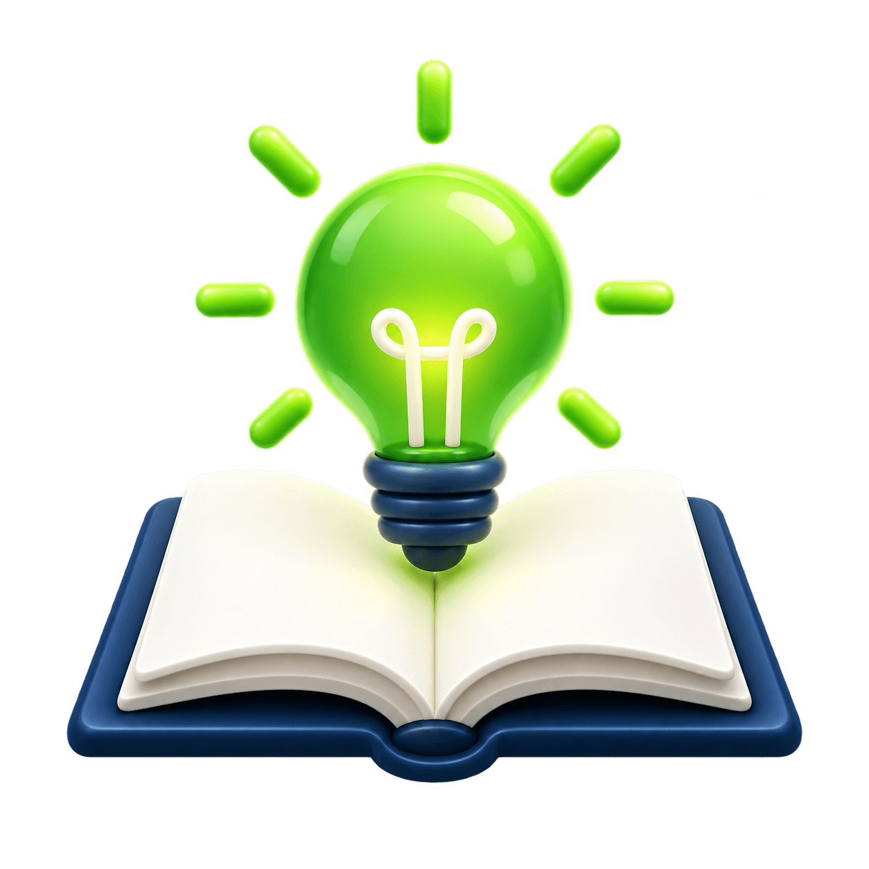 An open book with a bright green idea light